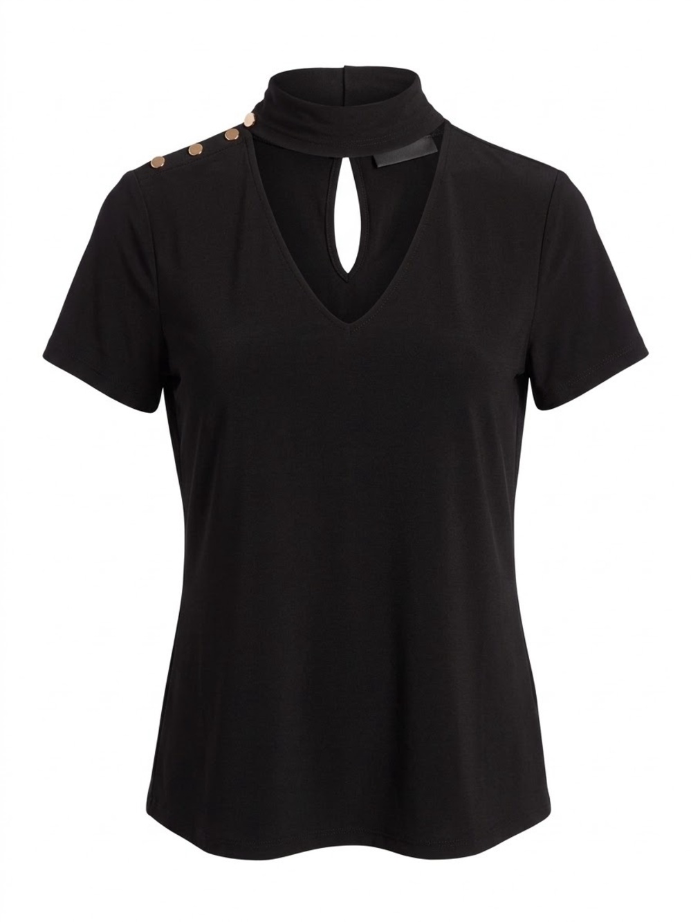 Ivanka Trump Black Short-Sleeve Mock Neck Top with Keyhole and Gold Buttons